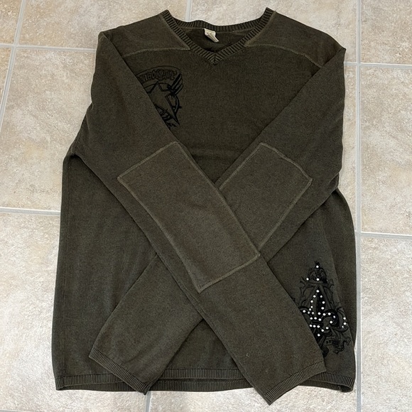 Vintage Buffalo David Bitton Sweater Army Green Large Elbow Patches EUC - Picture 3 of 12